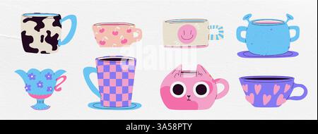 A set of ceramic mugs and a groovy style. With different textures and patterns and prints. Organic shapes. Vector contemporary illustration Stock Vector