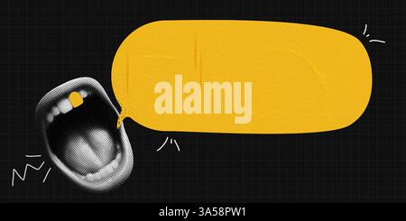 Vector collage grunge banner. Womans mouth announcing crazy promotions. Doodle elements on retro poster. Stylish modern advertising banner design with Stock Vector