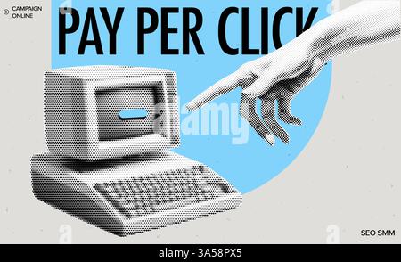 Trendy pop art collage with halftone effects featuring PPC and ecommerce concepts. Vector banner with vintage and abstract elements, highlighting Stock Vector