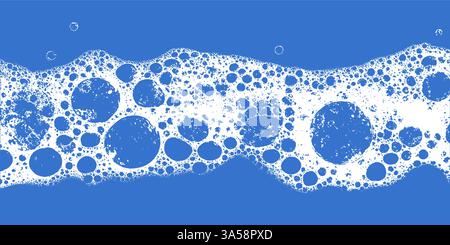 Soap foam texture with blue background and grunge abstract pattern. Water wash bath with soapy bubbles, glass. Stock Vector