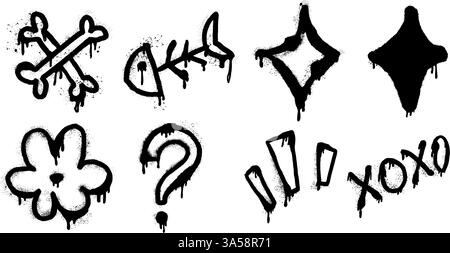 Urban vector art set featuring a skeleton fish, bone, sparkle, flower and question mark. This cool doodle combines grunge typography and abstract Stock Vector