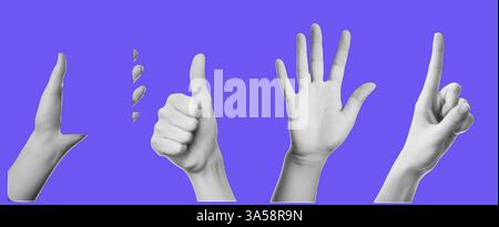Collage element with hands and cutout shape and doodle element. Vintage vector set. Retro halftone effect. The gesture of like, high five, hold phone Stock Vector