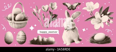 Festive Easter celebration with whimsical decor and seasonal motifs on a vibrant pink background Stock Vector