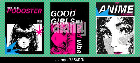 Poster design with a portrait of a girl in anime style. Pixel retro art. trendy bright pink color with doodles. Flyer set on transparent background. Stock Vector