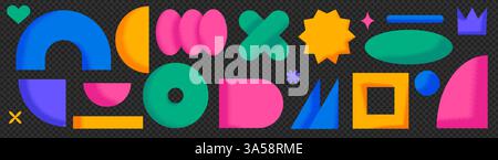 A set of brutalist style elements, on a transparent background as png. Vibrant geometric shapes with noise texture for a 3d effect. Vector trendy Stock Vector