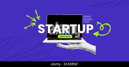 Modern startup concept collage with laptop and halftone elements. Vector illustration combines abstract graphics with business and technology themes Stock Vector