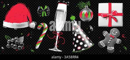 Christmas themed set, elements in halftone processing with painted doodles. Pack on transparent background as png. Bright and bold vector illustration Stock Vector