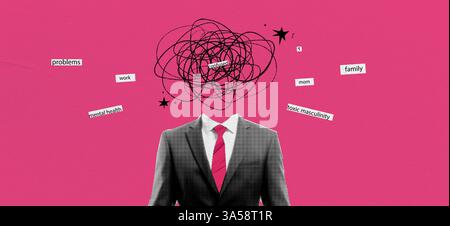 Retro concept collage with depression businessman in suit on halftone effect style. Pop art with doodle elements. Paper pink background for design Stock Vector