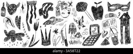 Set of grunge vector illustrations drawn with pencil. Punk doodle icons for stickers. Swag style graphiti Stock Vector