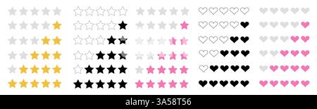 Vector set of rating and vote icons with stars and hearts. Quality review symbols for evaluation and ranking. Flat design elements for UI, app Stock Vector