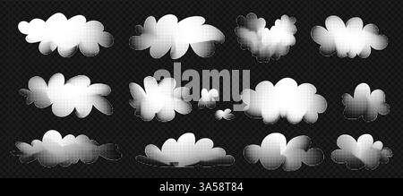 Simple white clouds with halftone texture set. Cute and kawaii elements collection on transparent bg like a png. Vector naive art illustration. Stock Vector