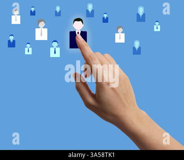 Targeting, recruitment, customer acquisition. Woman touching virtual screen with human icons against light blue background, closeup Stock Photo