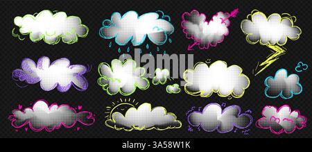 clouds Simple white clouds with halftone texture set. Cute and kawaii elements collection on transparent bg like a png. Vector naive art illustration. Stock Vector