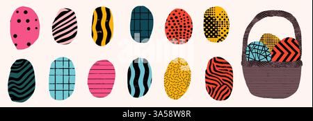 Colorful decorative eggs in a basket showcasing vibrant patterns and textures for festive celebrations Stock Vector