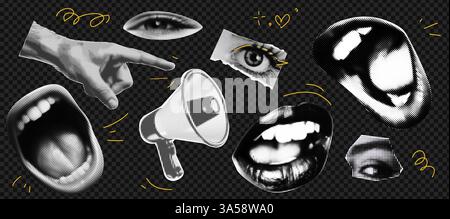 Dynamic collage of pop art elements featuring halftone eyes, mouths, and megaphone for trendy design Stock Vector