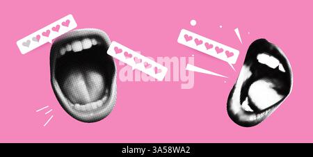 Collage of mouth with feedback and review bar, halftone texture, and pink retro background. Rating, like, and comment icons design for a music concert Stock Vector