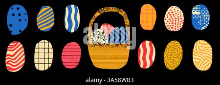 Brightly colored Easter eggs arranged around a woven basket set against a black background Stock Vector