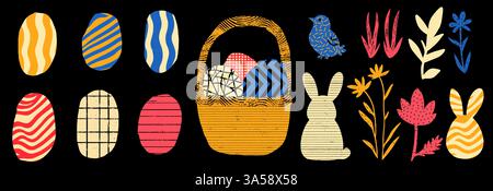 Bright and colorful Easter egg designs combined with playful bunnies create a joyful spring atmosphere Stock Vector