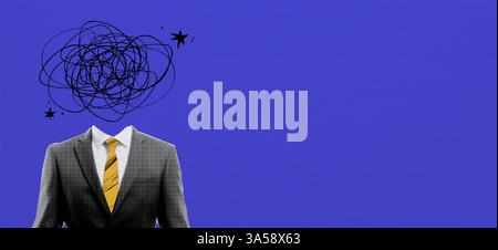 Retro concept collage with depression businessman in suit on halftone effect style. Pop art with doodle elements. Paper blue background for design Stock Vector