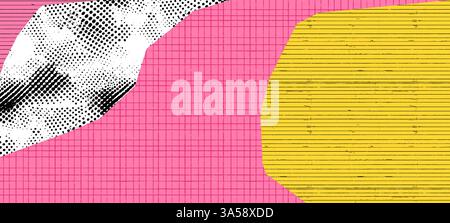 Halftone checkered line paper texture background. Patterned dot grid with vintage grain effect. Yellow and pink rough overlay for notebook or memo Stock Vector