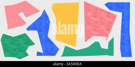 Piece of torn paper collage with cutout elements and transparent background. Vintage scrap design featuring heart, star, and circle shapes with a Stock Vector