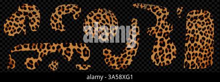 Set of leopard organic shapes for collage. Y2k style cut out of magazine papers. Bright modern vector elements on transparent background as png. Stock Vector