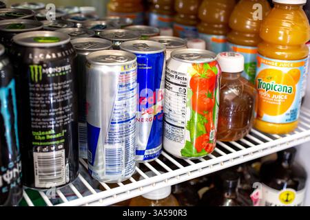 Los Angeles, California, United States - 07-22-2019: A view of assorted cold drinks in a refrigerator shelf. Stock Photo
