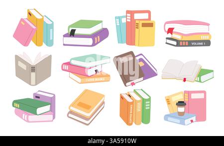 Books icon colorful clipart set. Multicolored textbook materials open and closed clip art collection elements for school library drawing icons vector Stock Vector