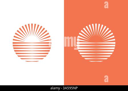 Dawn Summer Sun Circle Logo Landscape Horizon Abstract Badge Sign Symbol Stock Vector