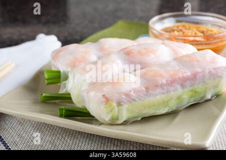 A view of some spring rolls, on a plate. Stock Photo