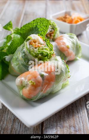 A closeup view of spring rolls on a plate. Stock Photo
