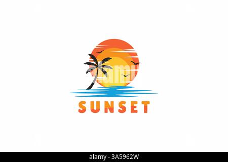 Logo Sunset Beach with Silhouette Palm Tree Abstract Illustration Stock Vector