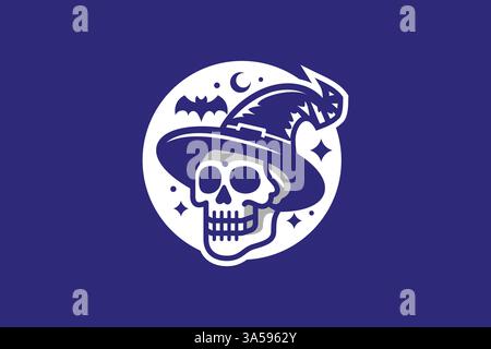 Skull Witch Logo Abstract Illustration Sticker Label for Halloween Event Concept Stock Vector