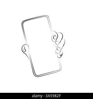 closeup hand holding a smartphone illustration vector hand drawn with black lines isolated on white background. Stock Vector