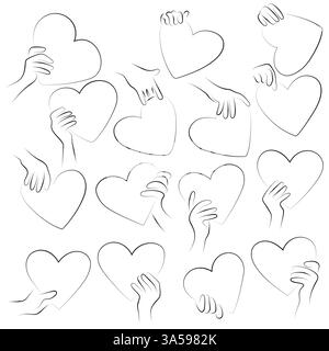 set of hand holding heart illustration vector hand drawn with black lines isolated on white background. Stock Vector