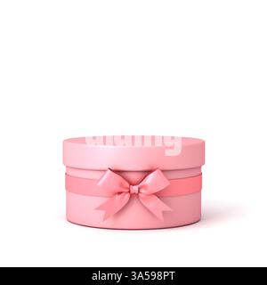 Blank pink pastel color round present box with cover lid and pink ribbon bow or cylinder gift box products display mockup isolated on white background Stock Photo