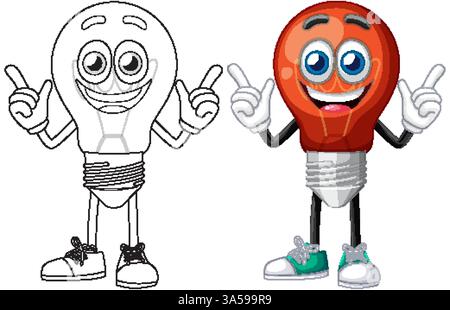 Vector illustration of a smiling light bulb character in color and outline. Features vibrant colors and playful design Stock Vector