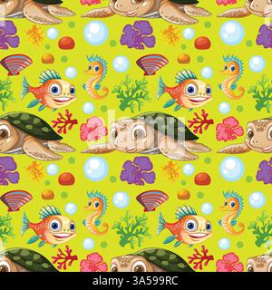 Playful sea life with fish, turtles, and seahorses Stock Vector