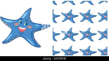 A vibrant vector illustration featuring a smiling starfish in a seamless pattern. Ideal for playful designs and children's themes Stock Vector