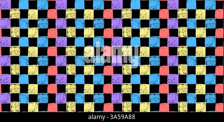 Gingham seamless pattern. Mosaic ornament with jagged yellow red blue green squares drawn with colorful charcoal. Modern background painted by color Stock Vector
