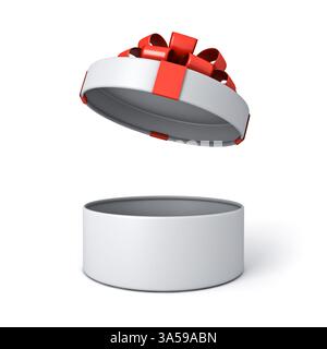Minimal white round present box open with red ribbon and bow or opening blank cylinder gift box product display mockup isolated over white background Stock Photo