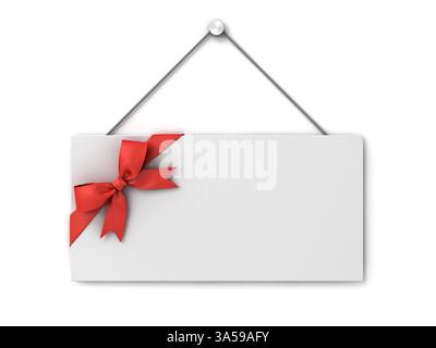 Blank white hanging gift card sign mock up with red ribbon bow isolated on white background with shadow minimal conceptual 3D rendering Stock Photo