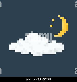Moon and star with cloud icon. Pixel 8 bit style Stock Vector