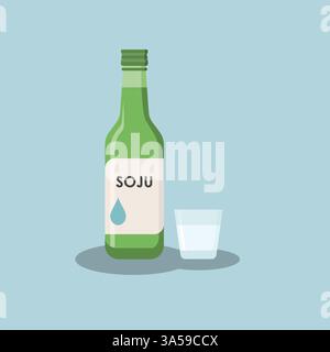 Flat icon of Soju with glass. It is a famous clear, colorless distilled ...