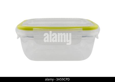 Empty transparent plastic food container isolated on white background.  Plastic transparent container with lid. Stock Photo
