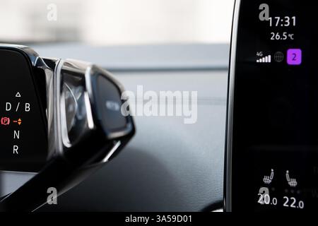Automatic transmission shift selector in the modern car interior. Selector automatic transmission in premium car. Gear shift lever. Automatic gearbox Stock Photo