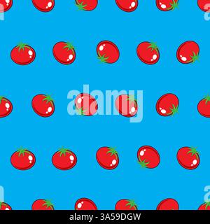 Red tomato stock vector seamless pattern on blue background for wallpaper, pattern, web, blog, surface, texture, graphic & printing. Stock Vector