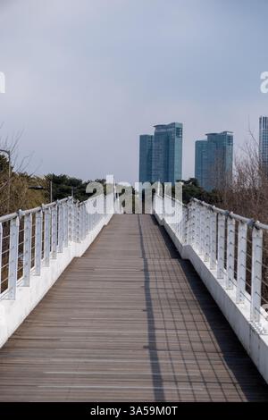 Seoul, South Korea - 20 March 2024:   Seoul Forest Pedestrian Bridge with winter landscape. Stock Photo