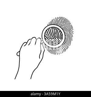Human hand and fingerprint identification with magnifying glass. Vector drawn illustration on white background. Art line simple style Stock Vector