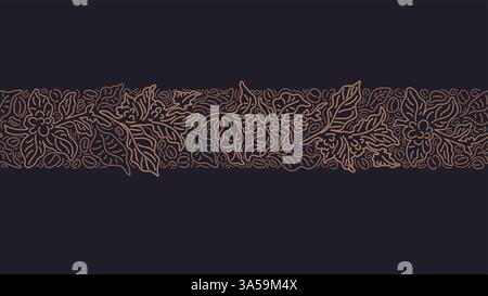 Coffee abstract seamless pattern. Vector art line twig, graphic leaves, grain. Golden decor on black background. Nature print for cafe, textile Stock Vector